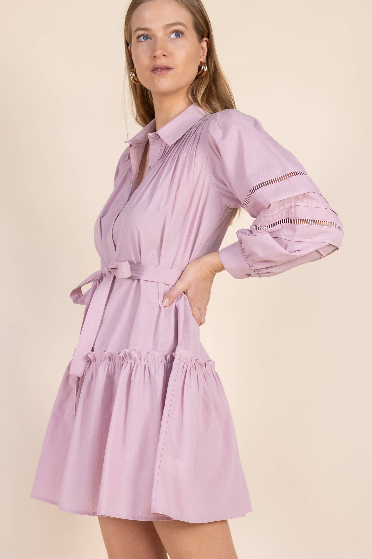 Poplin Eyelet Insert Buttonup Balloon Sleeve Dress