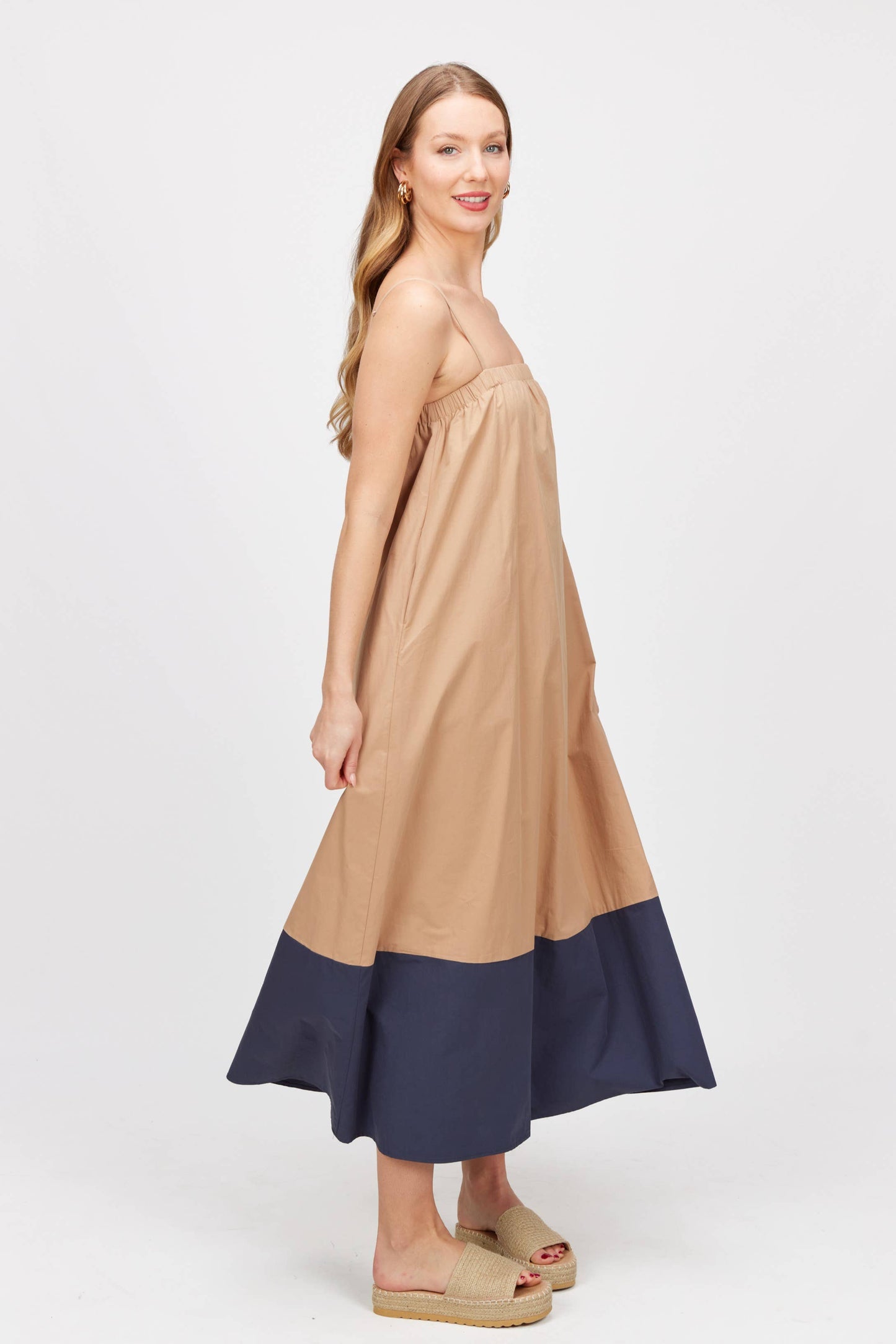 Poplin Colorblock Adjustable Strap Maxi Dress