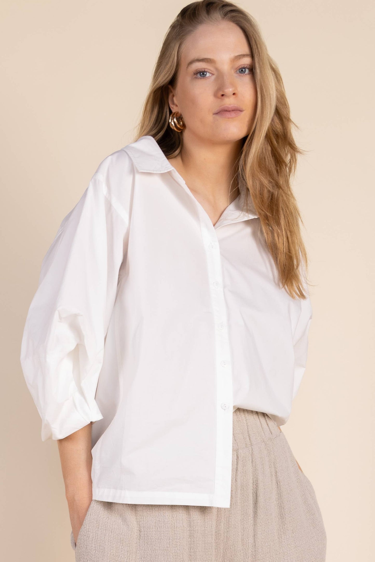 Poplin Bishop Sleeve Button Up Shirt