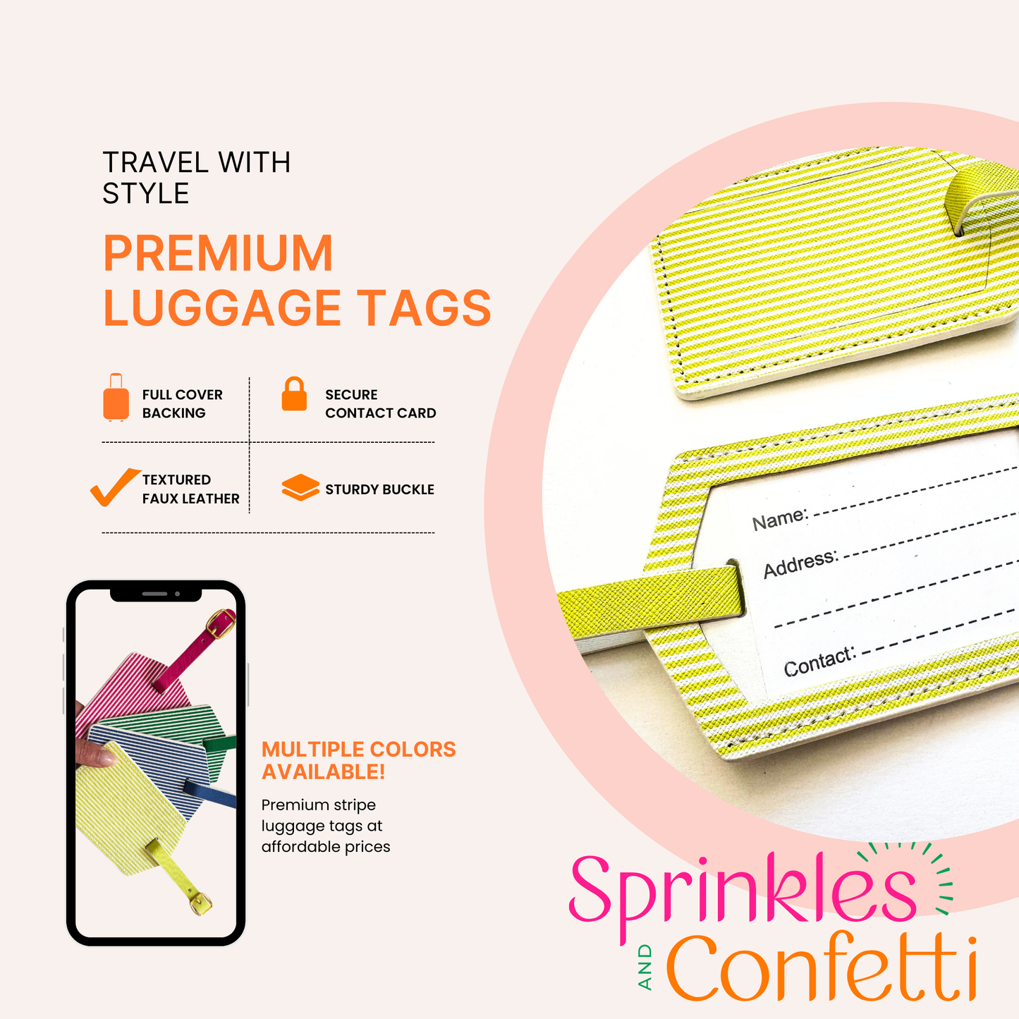 Citrus Lime Stripe Luggage Tag Set | Vegan Leather Travel Accessory | 2-Pack