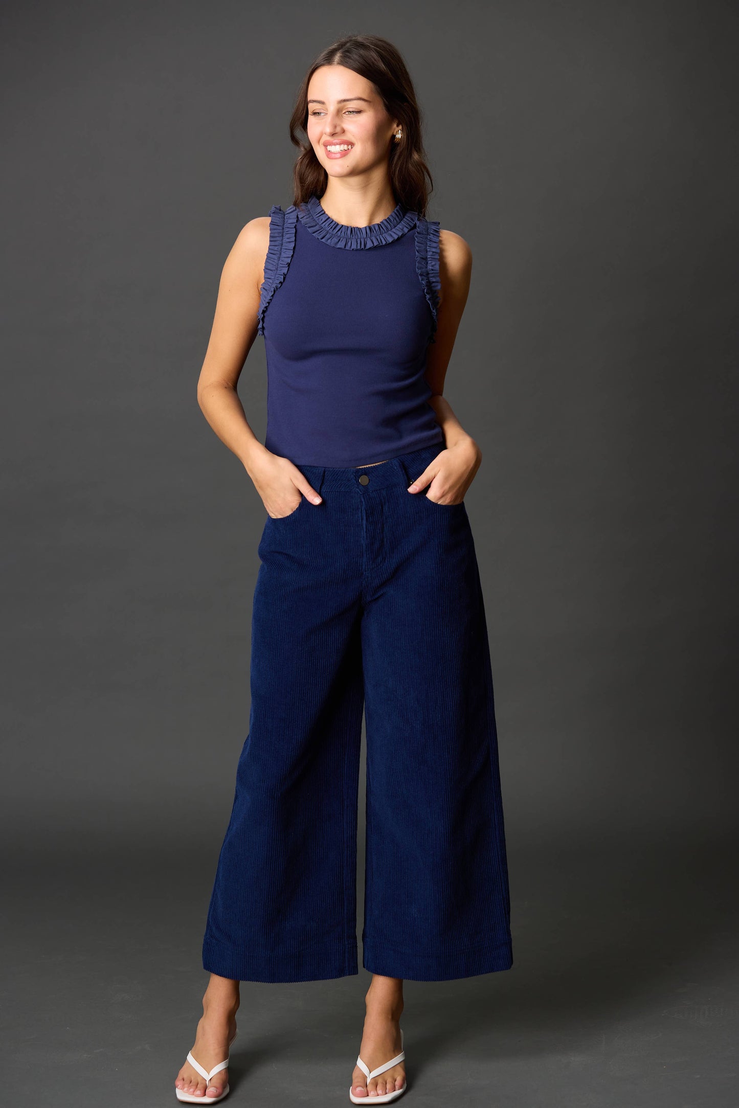 Ruffle Poplin Contrast Ribbed Sleeveless Top