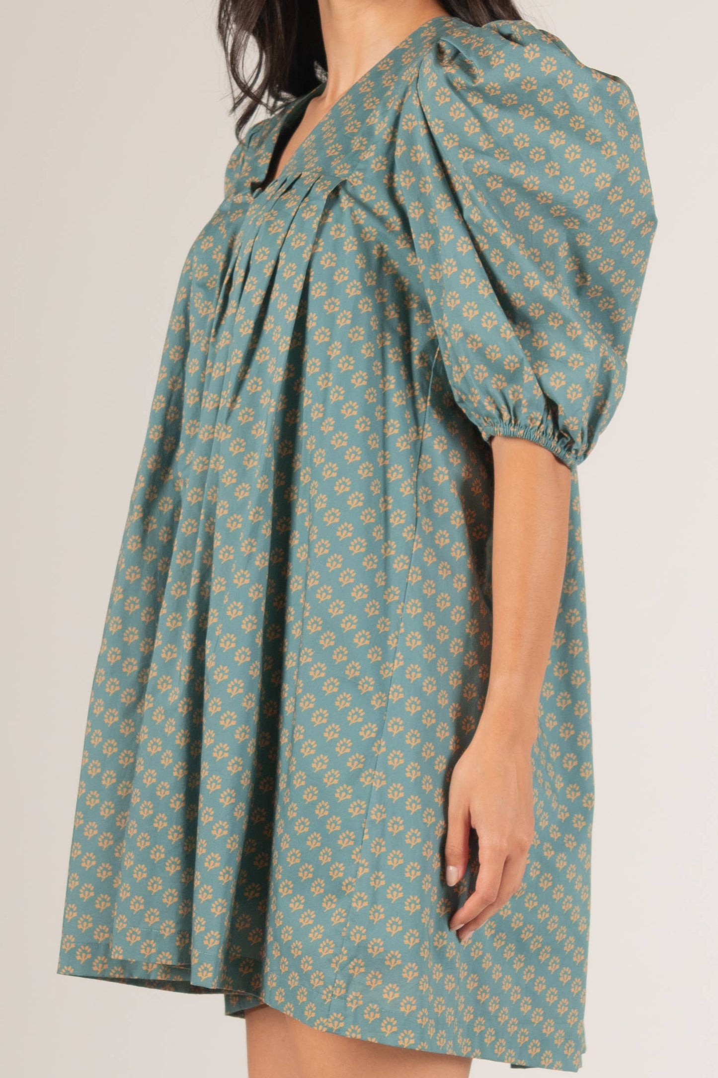 2-Tone Cotton Woven Puff Sleeve Dress