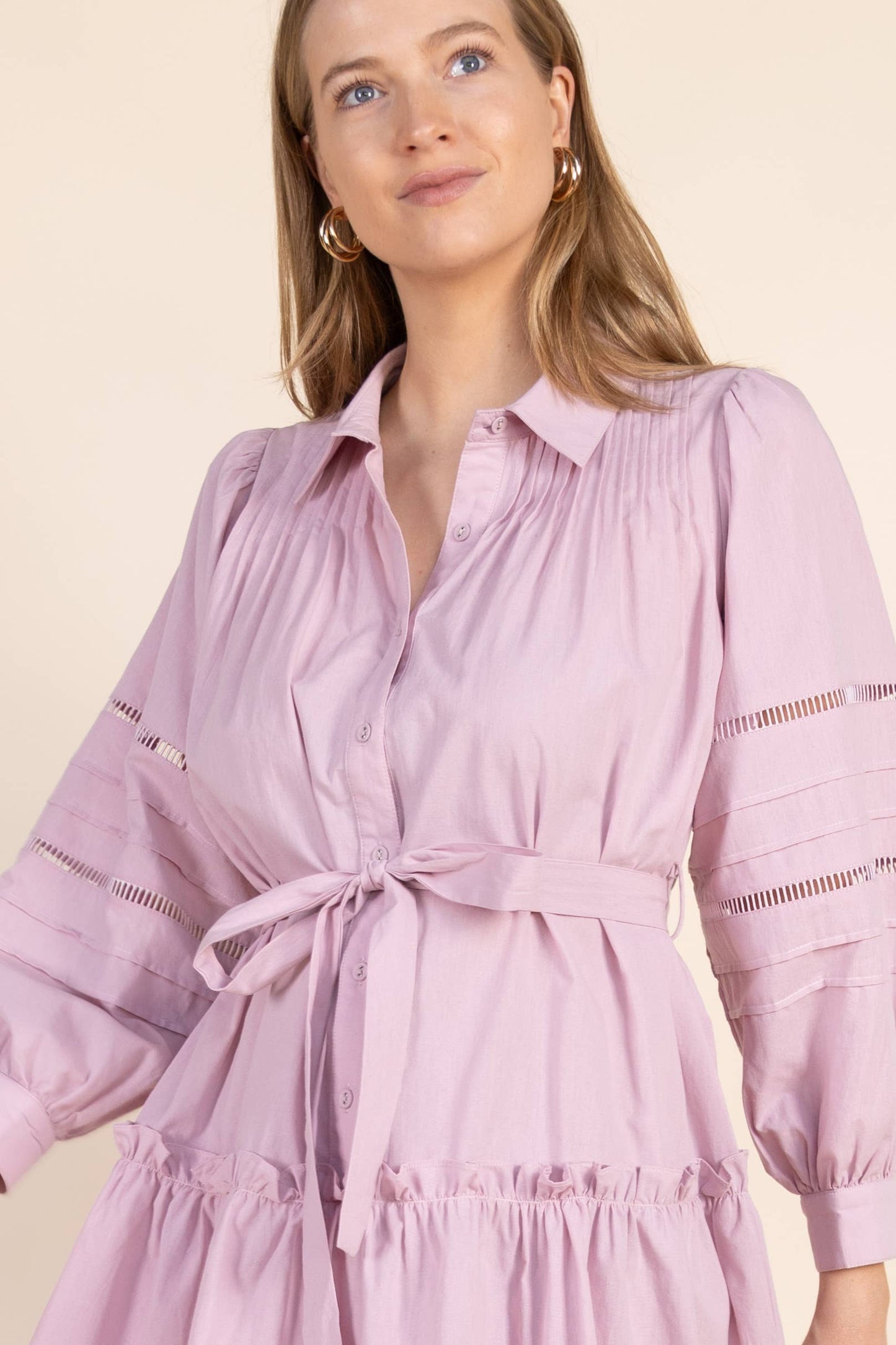 Poplin Eyelet Insert Buttonup Balloon Sleeve Dress