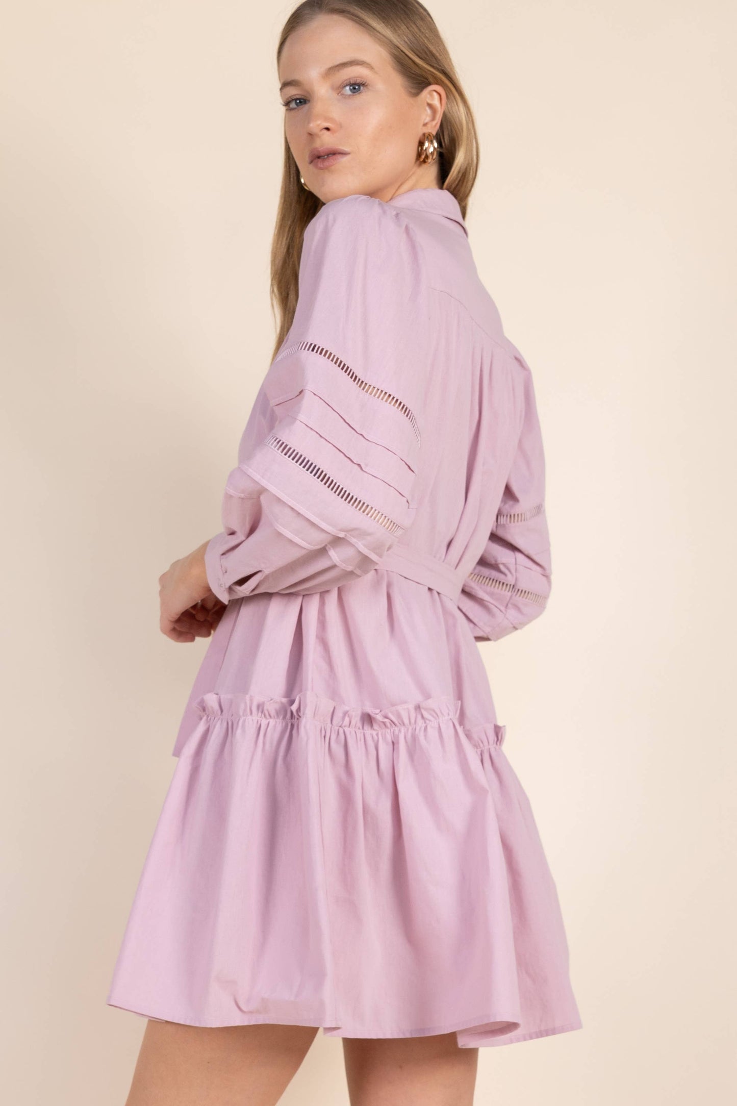 Poplin Eyelet Insert Buttonup Balloon Sleeve Dress