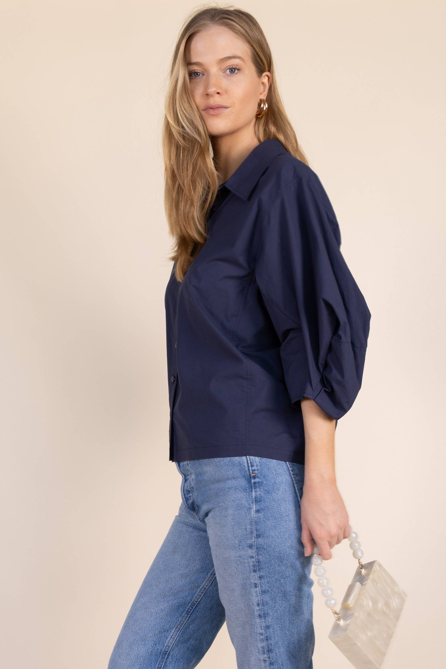 Poplin Bishop Sleeve Button Up Shirt