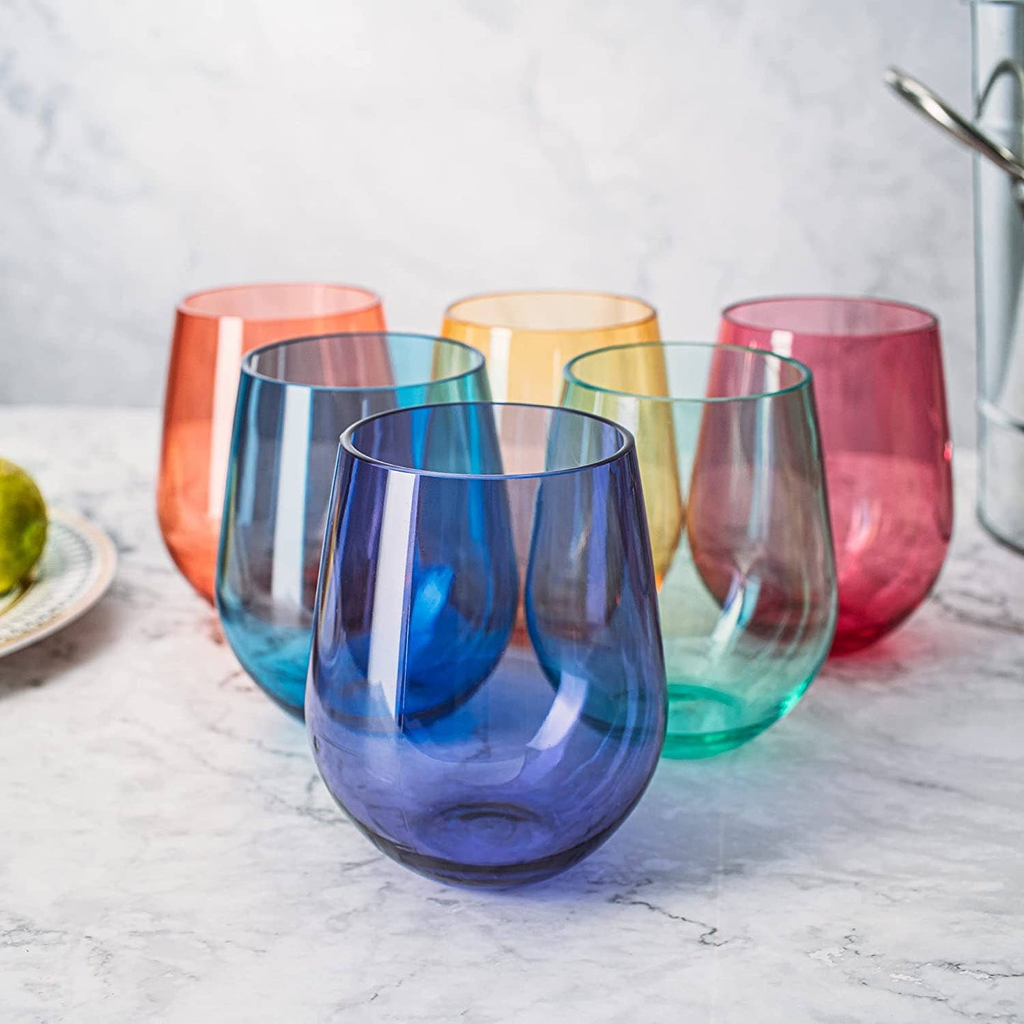 6 Unbreakable Colored Stemless Wine Glasses Acrylic Plastic