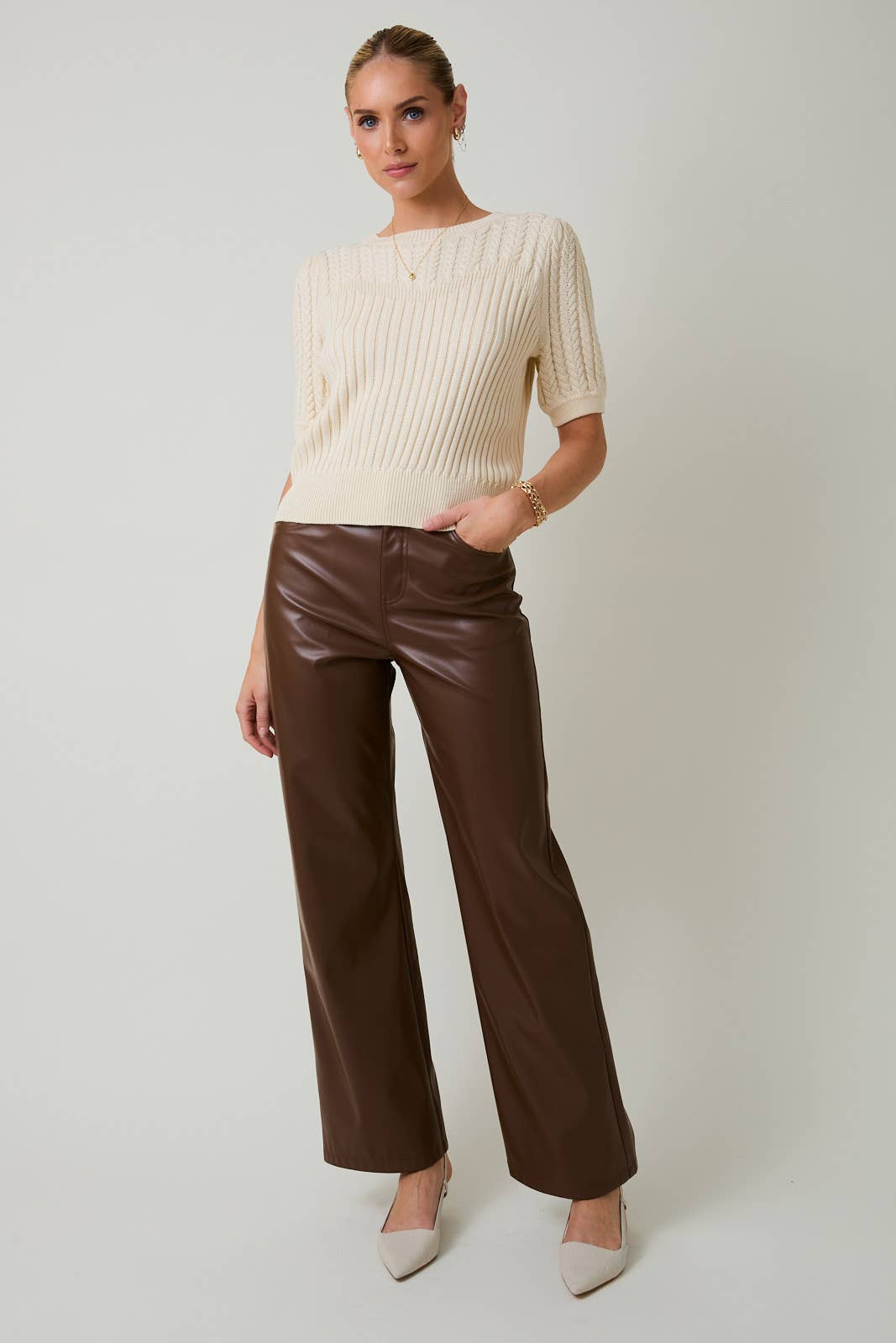 Short Sleeve Cable Knit Sweater