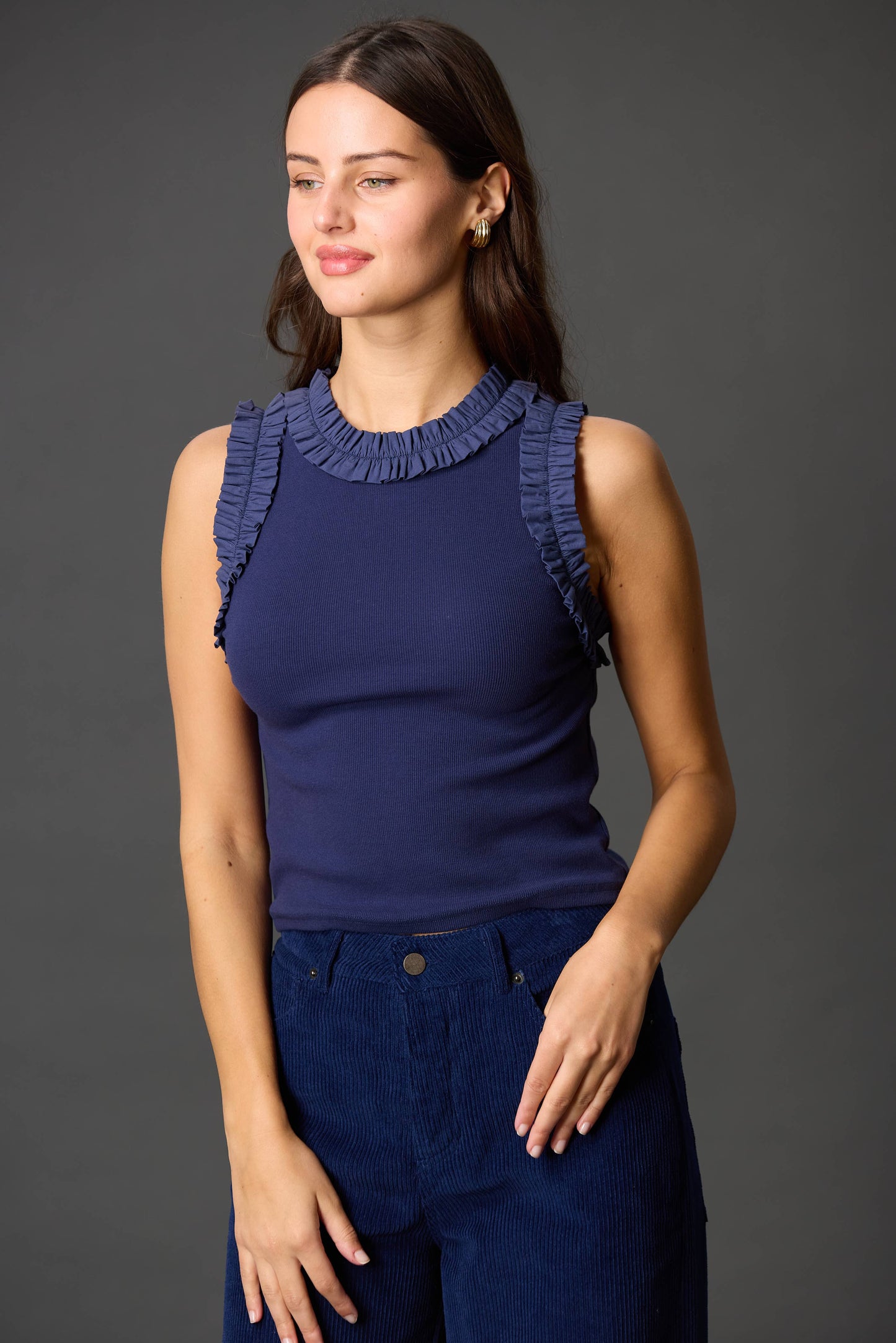 Ruffle Poplin Contrast Ribbed Sleeveless Top