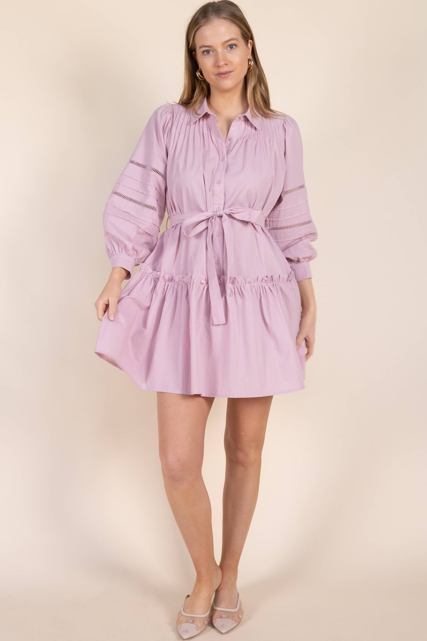 Poplin Eyelet Insert Buttonup Balloon Sleeve Dress