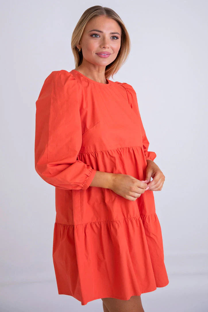 Poplin Tiered Dress in Coral