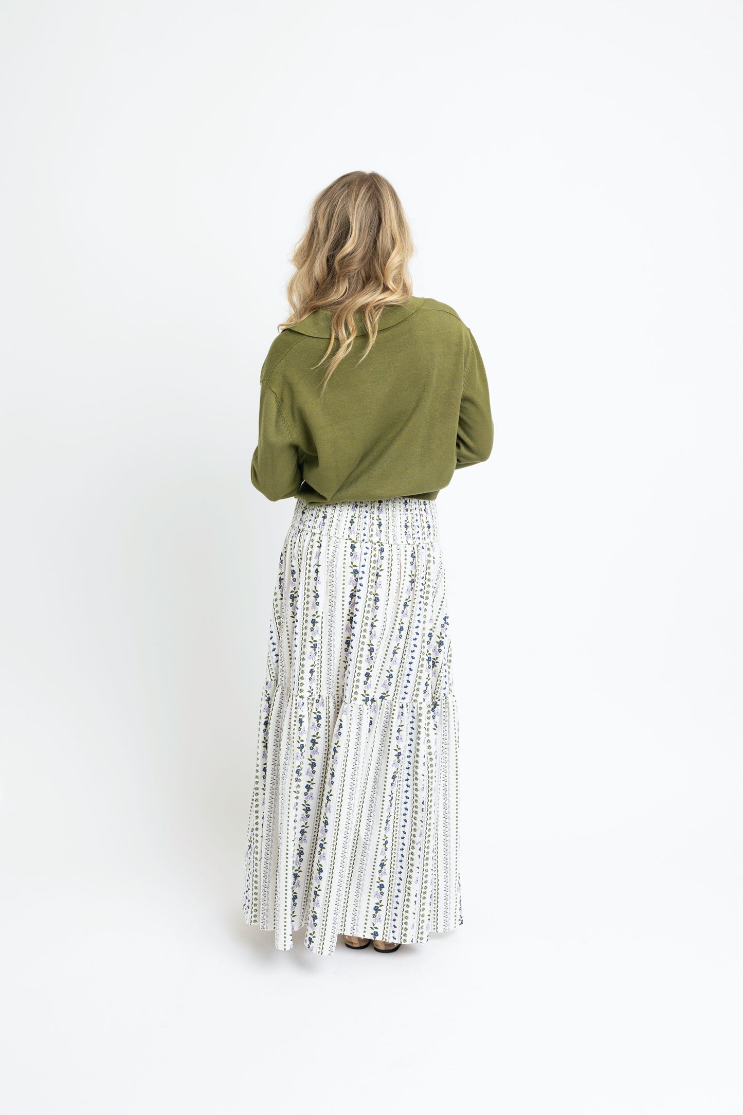 French Floral Tier Maxi Skirt in Olive