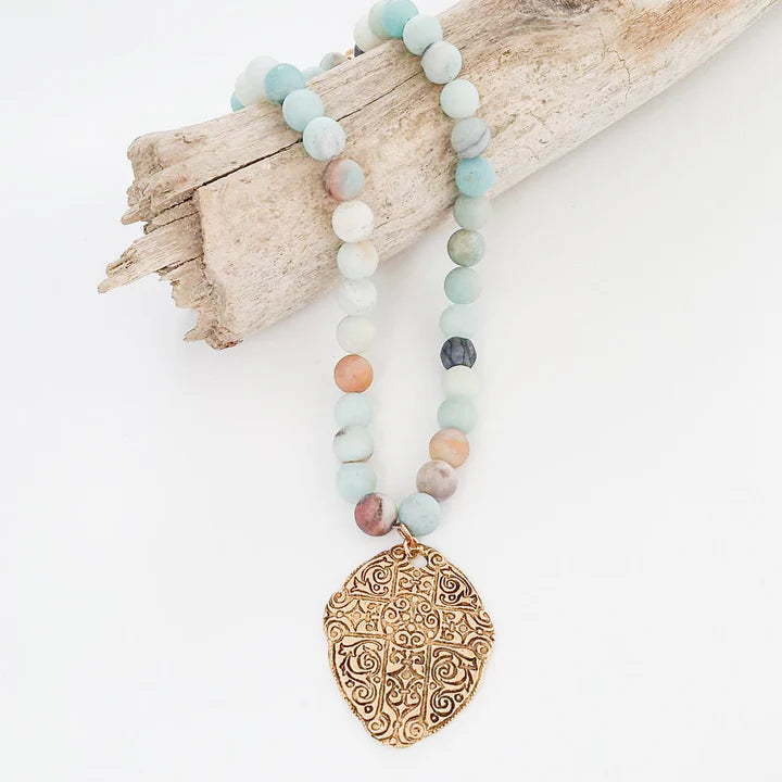Gemstone Necklace w/ Ancient Cross Disc Pendant