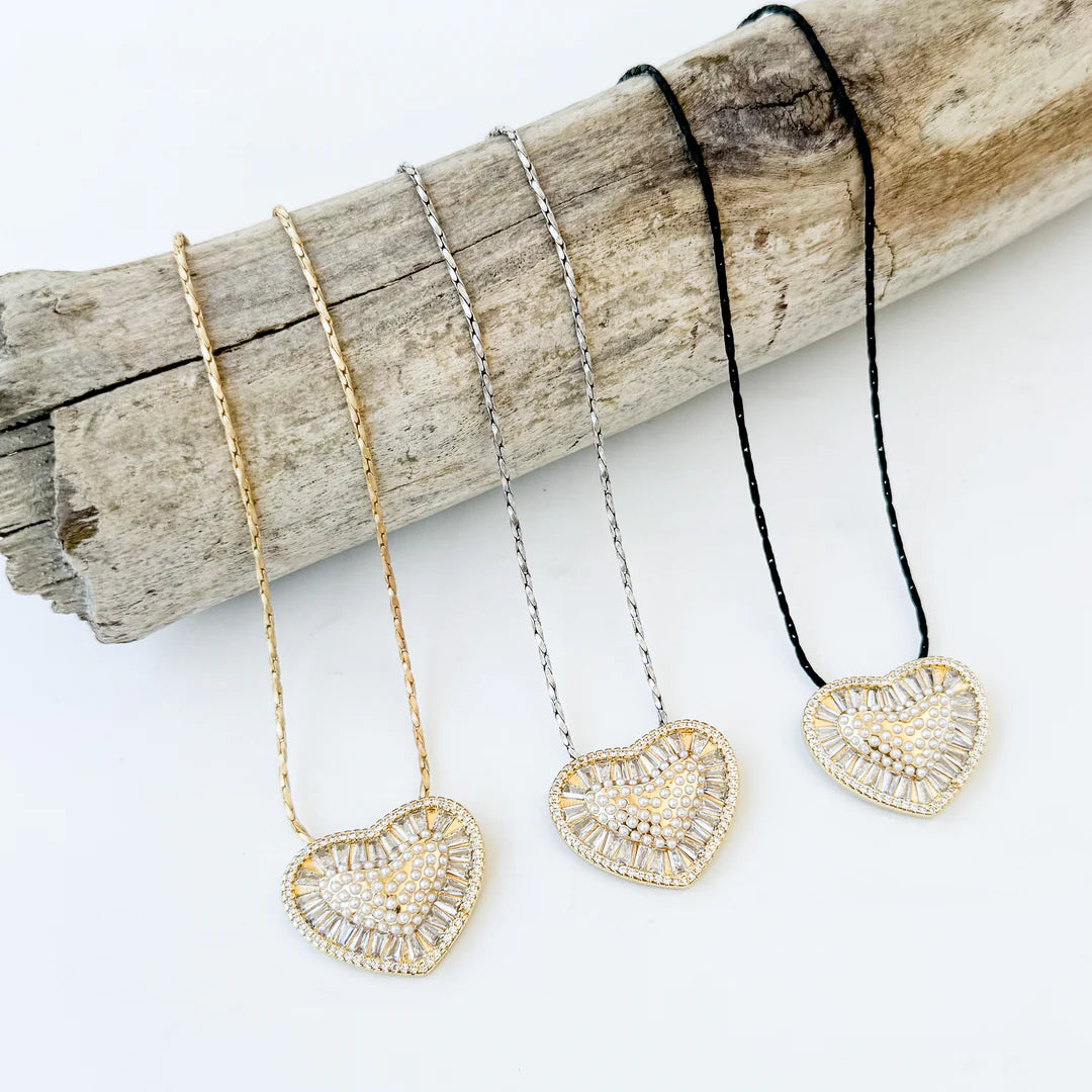 CZ & Pearl Heart on Petite Rope Chain