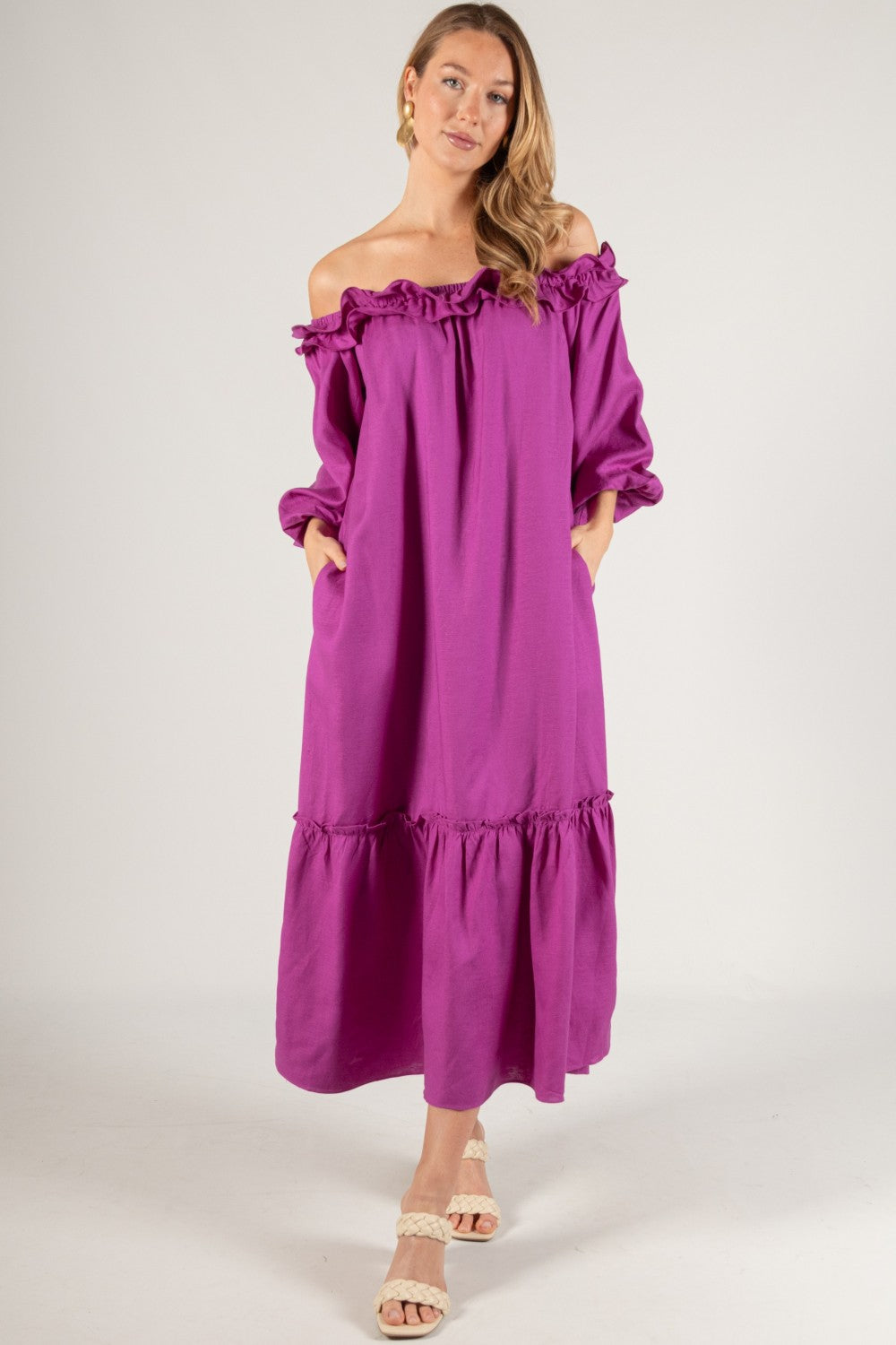 Linen Blend Ruffled Neckline Dress in Orchid