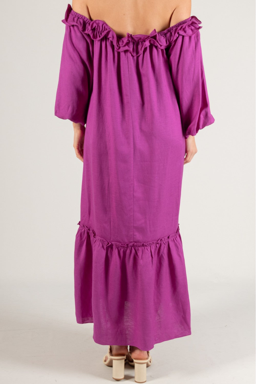 Linen Blend Ruffled Neckline Dress in Orchid