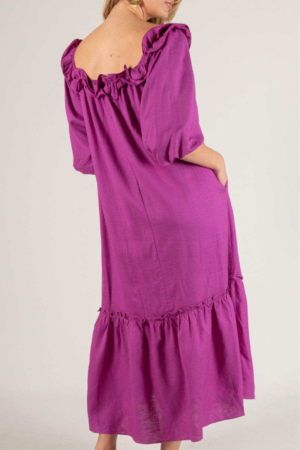Linen Blend Ruffled Neckline Dress in Orchid