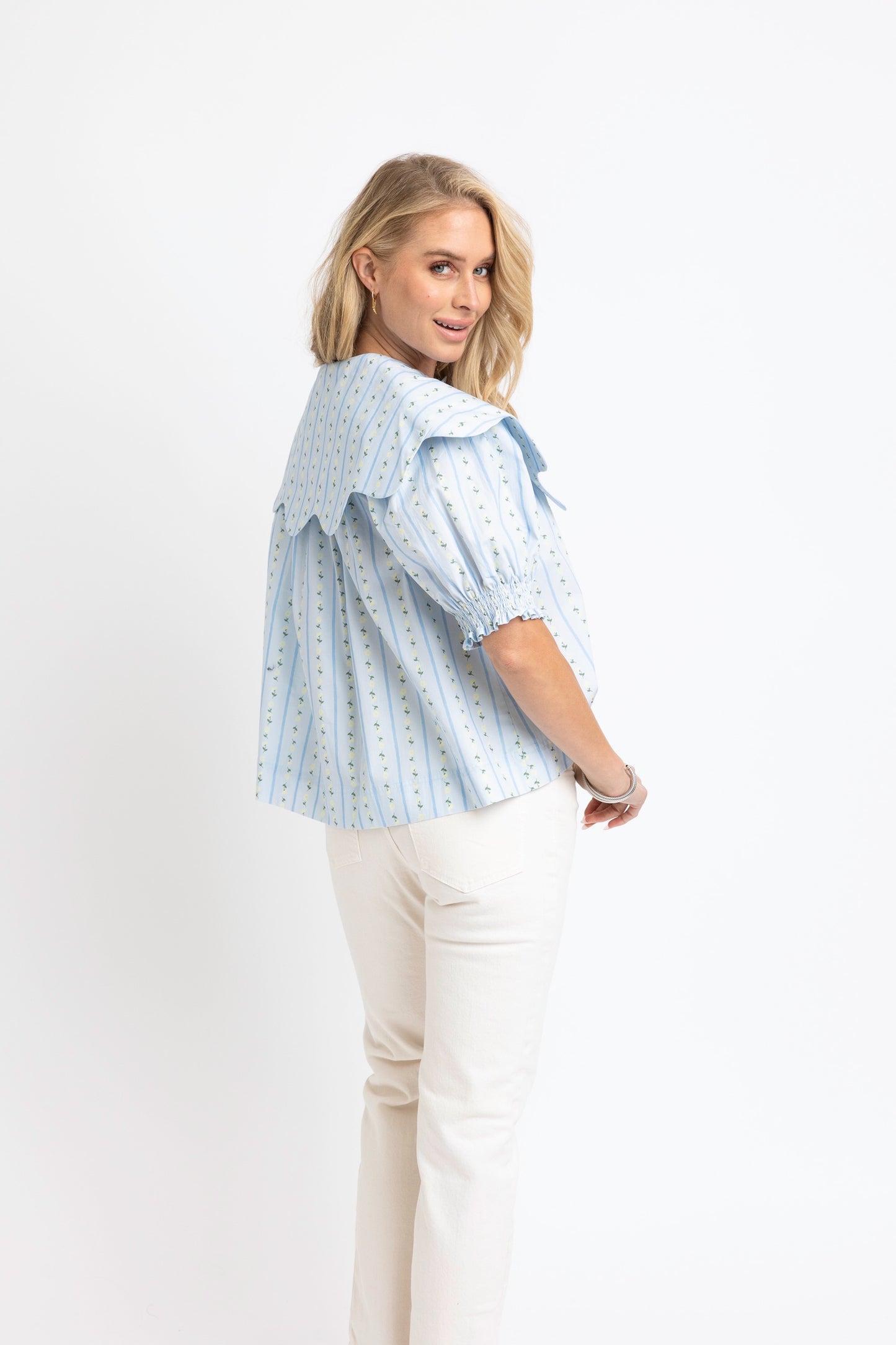 Floral Stripe Collar Button Top