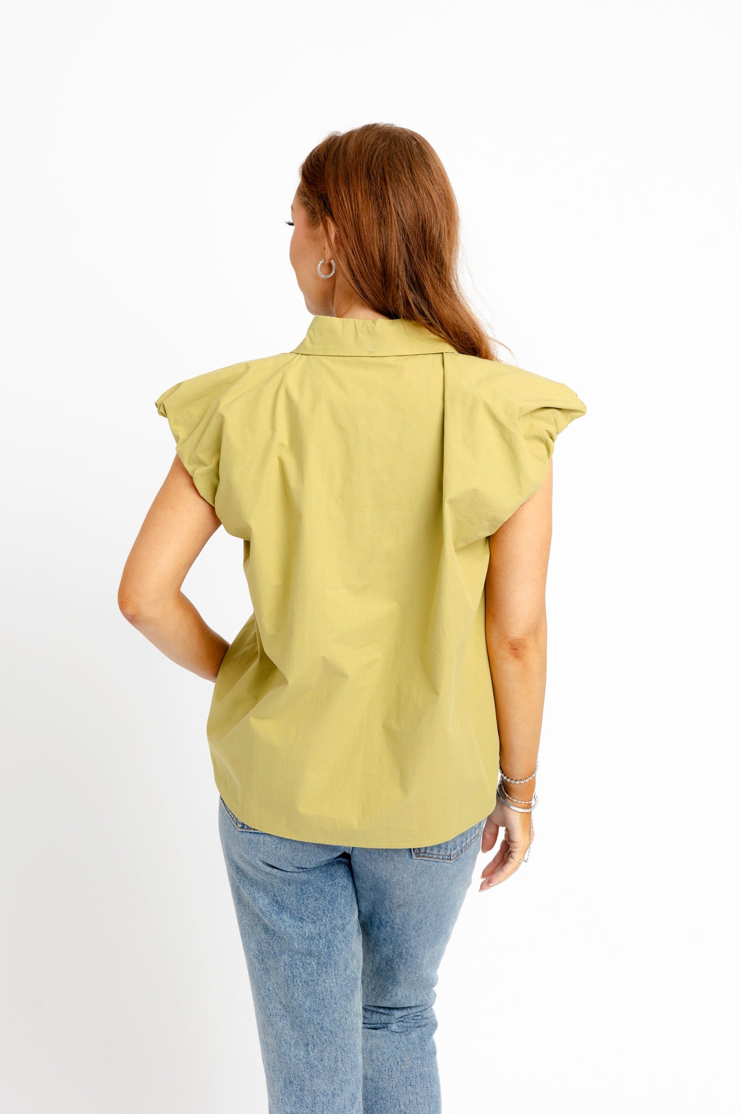 Solid Poplin Bubble Sleeve Button Top