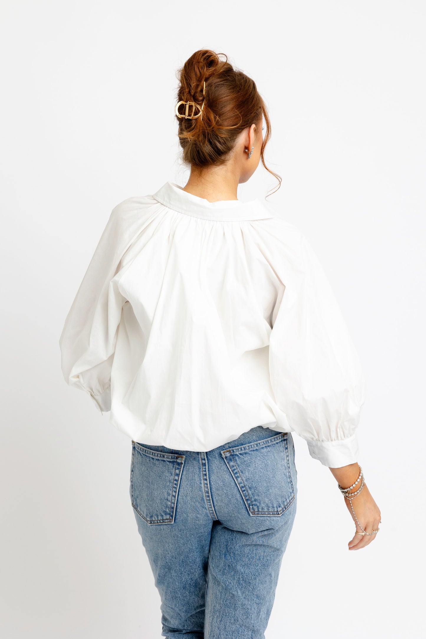 Solid Poplin 3/4 Sleeve Bubble Blouse
