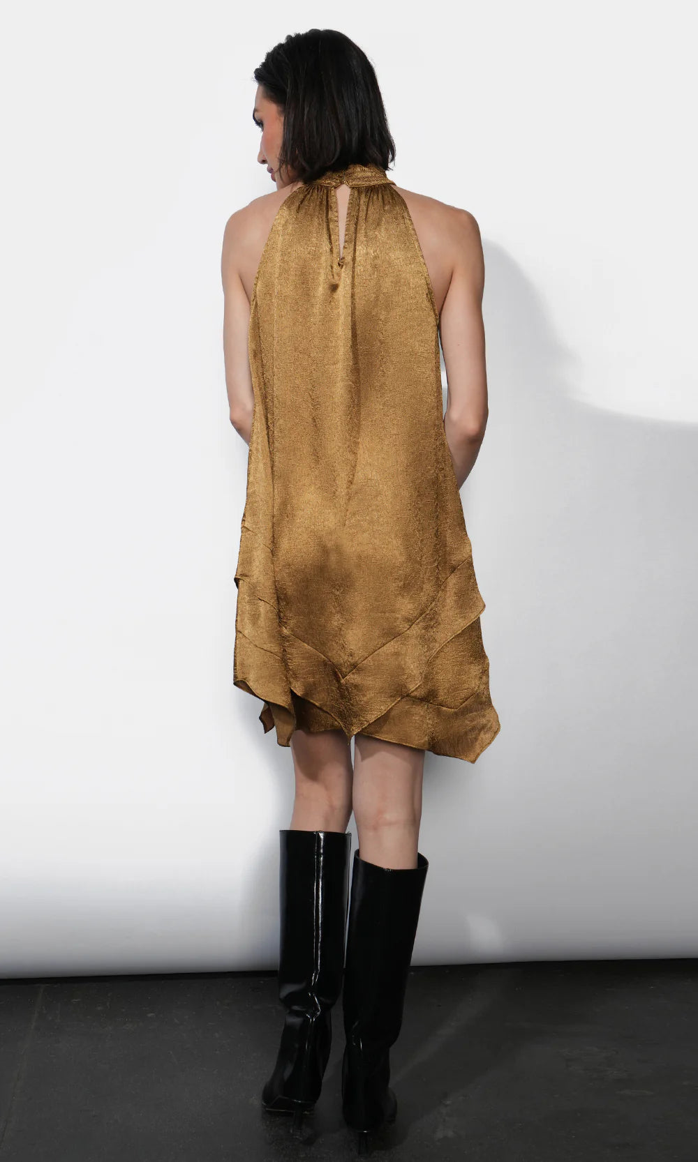Quinn Tiered Asymmetric Mini Dress in Golden