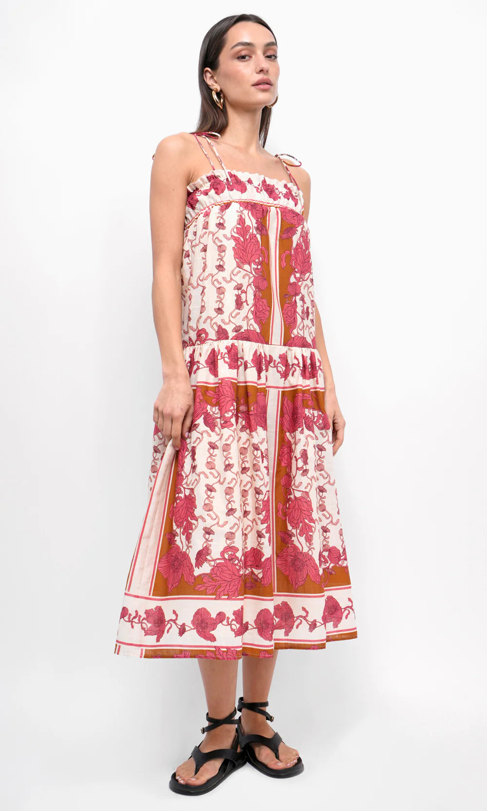 Alisha Trapeze Strappy Midi Dress in Ecru/Coral