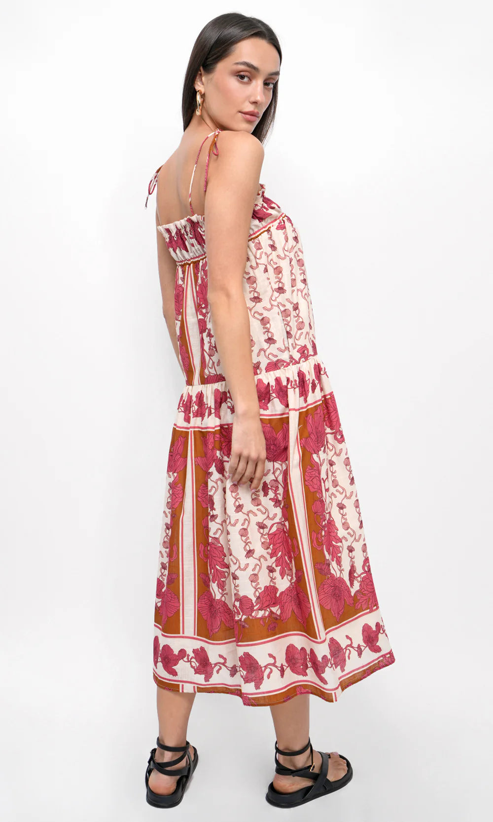 Alisha Trapeze Strappy Midi Dress in Ecru/Coral