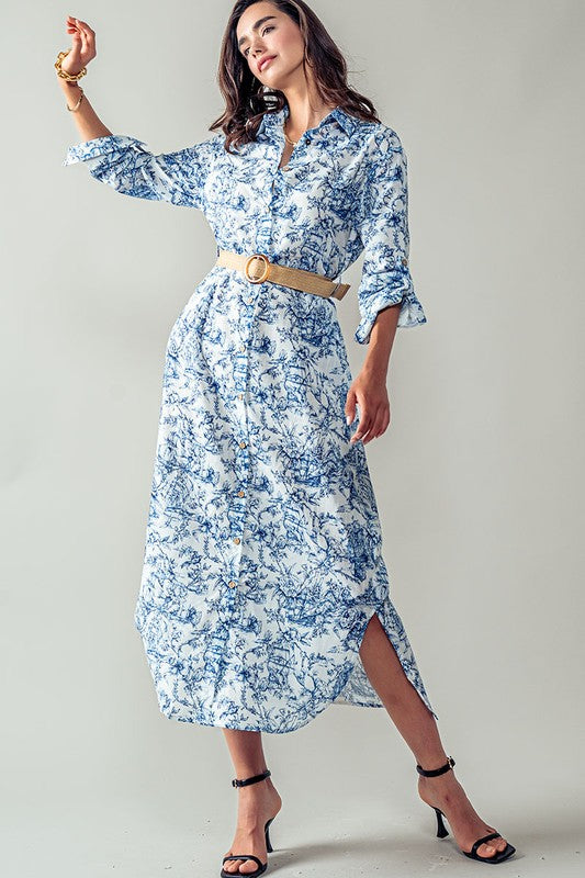 Azure Bloom Floral Shirt Dress in Blue