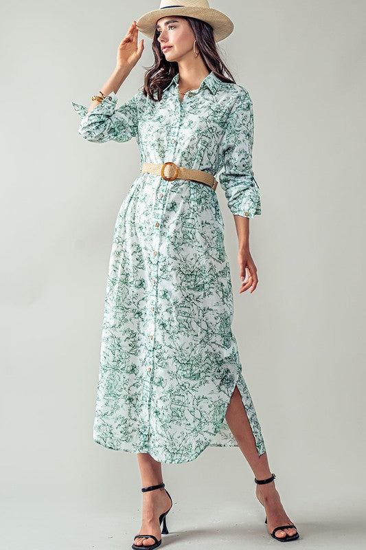 Azure Bloom Floral Shirt Dress in Green