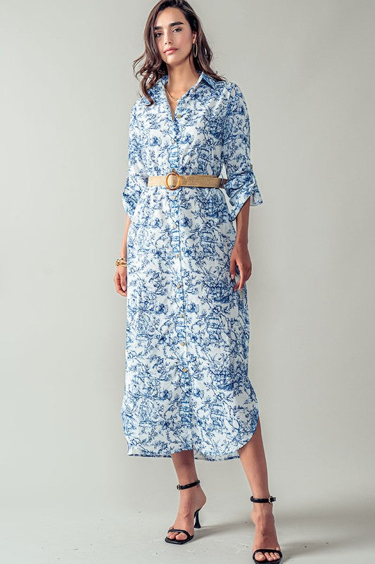 Azure Bloom Floral Shirt Dress in Blue