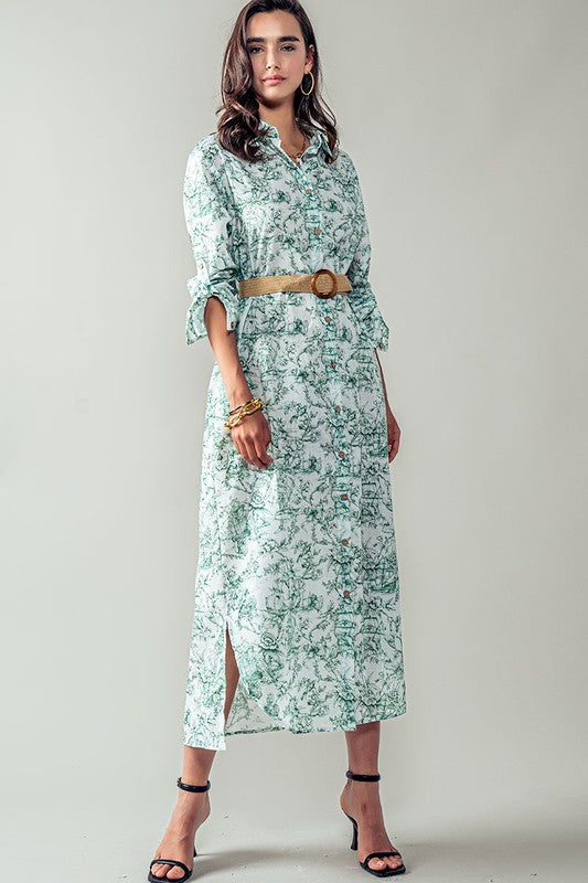 Azure Bloom Floral Shirt Dress in Green