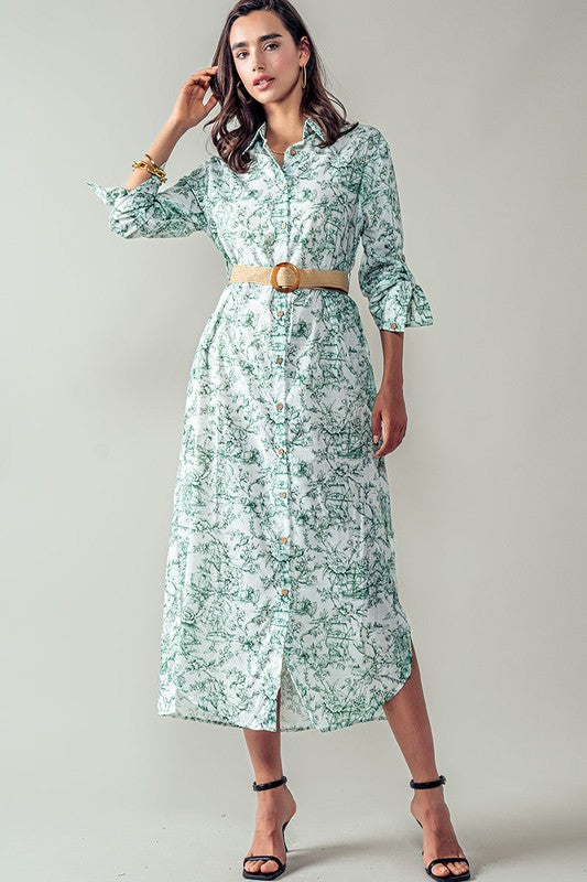 Azure Bloom Floral Shirt Dress in Green
