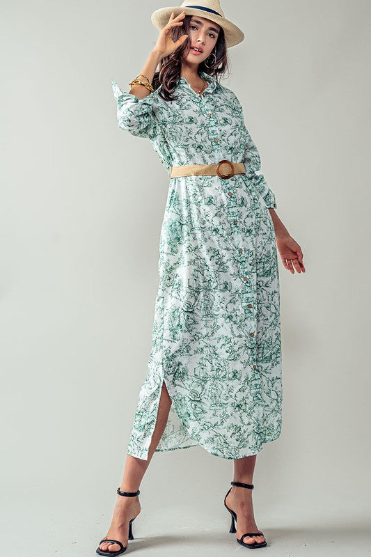 Azure Bloom Floral Shirt Dress in Green