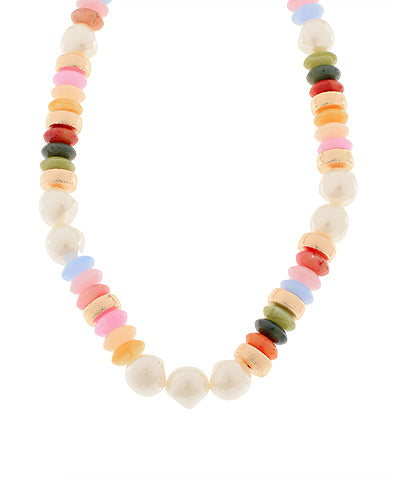 Marbled Bead & Pearl & Gold Rondelle Necklace