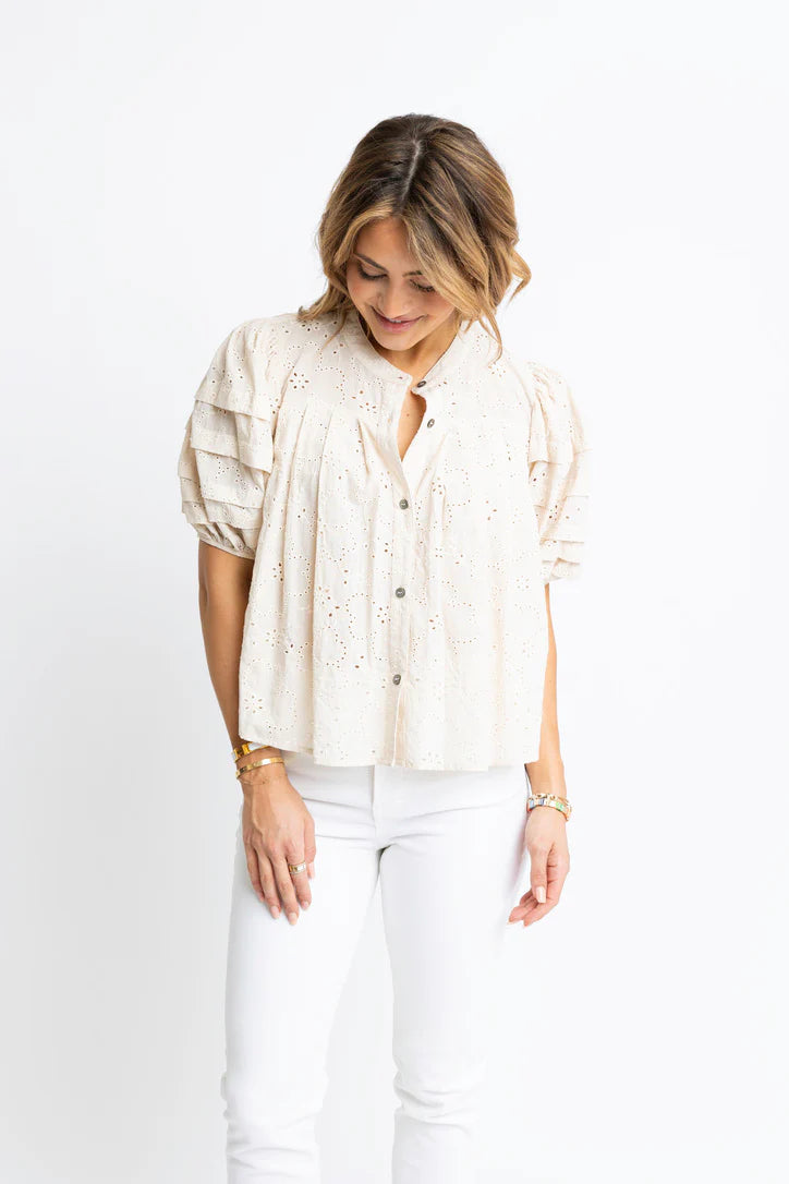 Eyelet Button Puff Sleeve Blouse