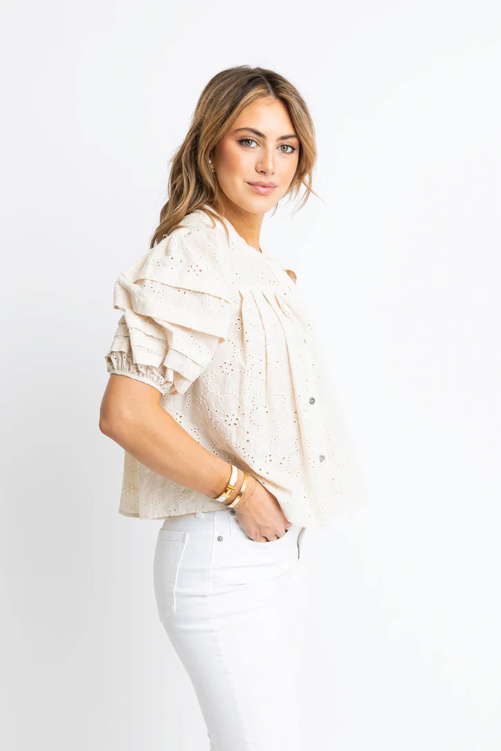 Eyelet Button Puff Sleeve Blouse