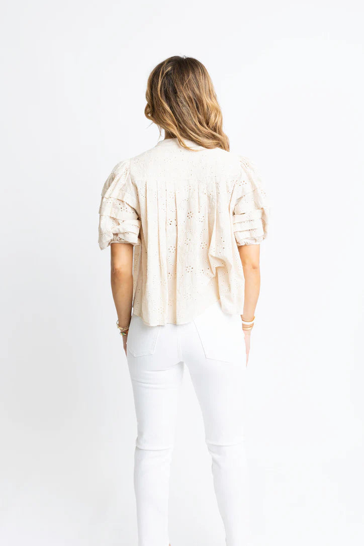 Eyelet Button Puff Sleeve Blouse