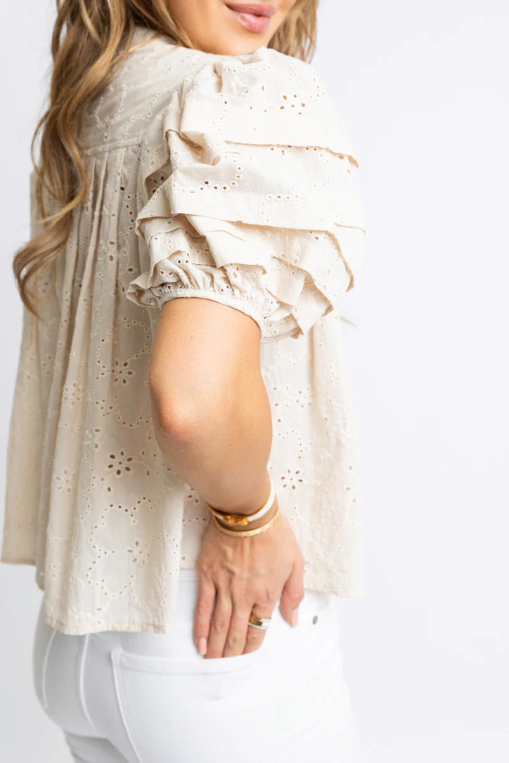 Eyelet Button Puff Sleeve Blouse