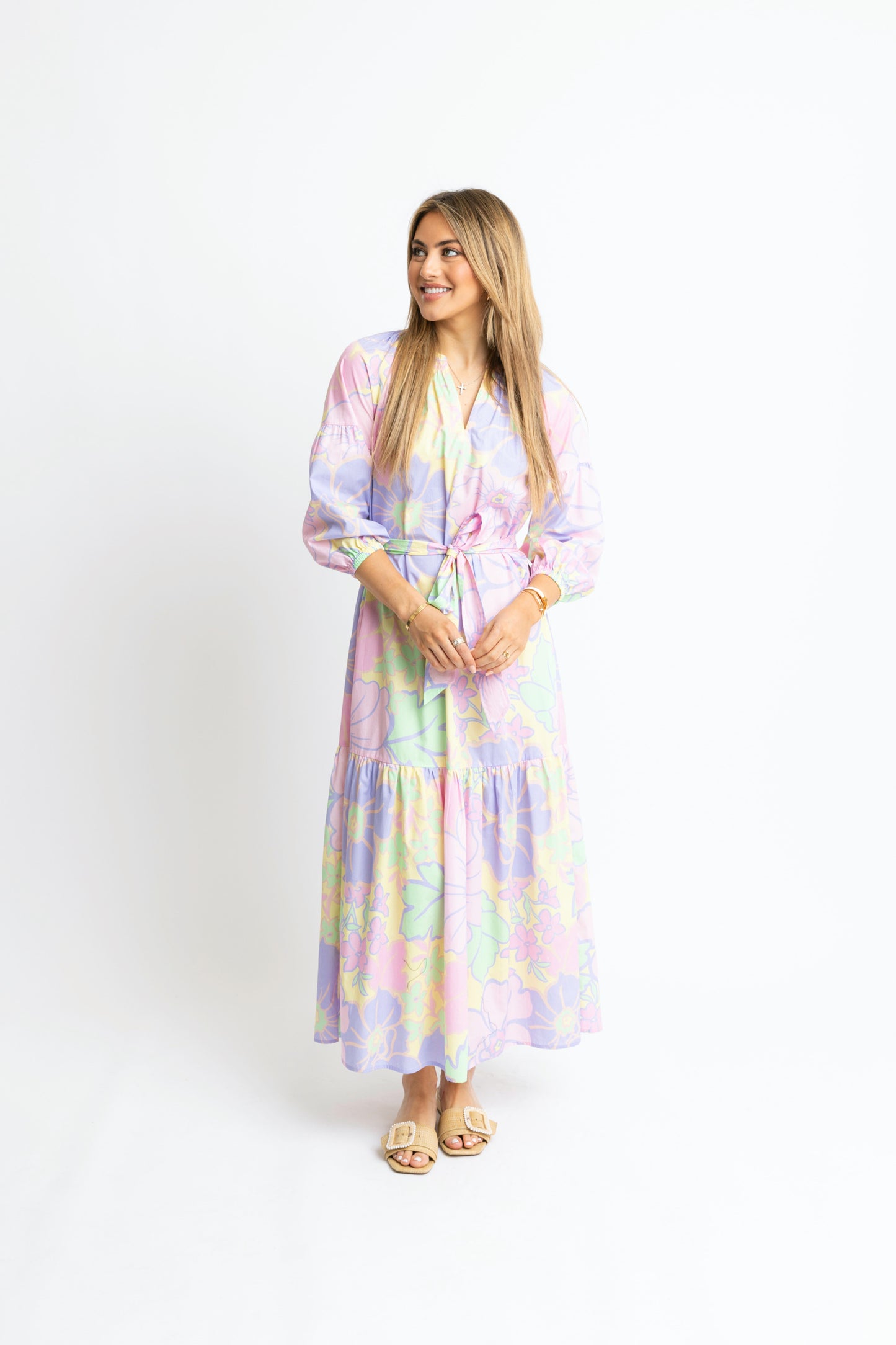 Pastel Large Floral VNeck Maxi Dress