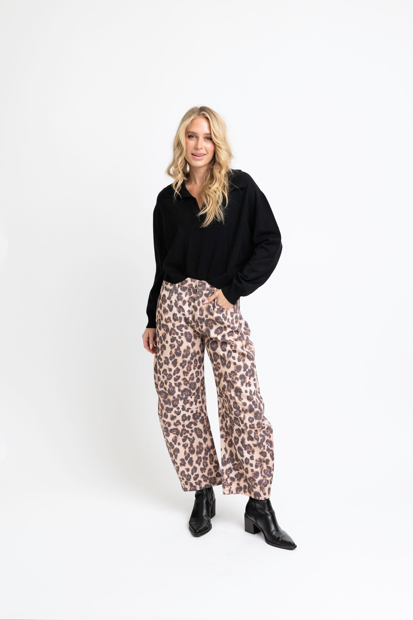 Leopard Denim Barrel Jean