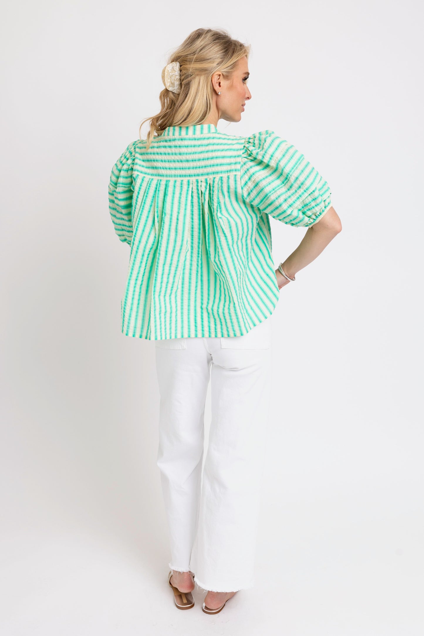 Seersucker Stripe Pleated Puff Sleeve Top