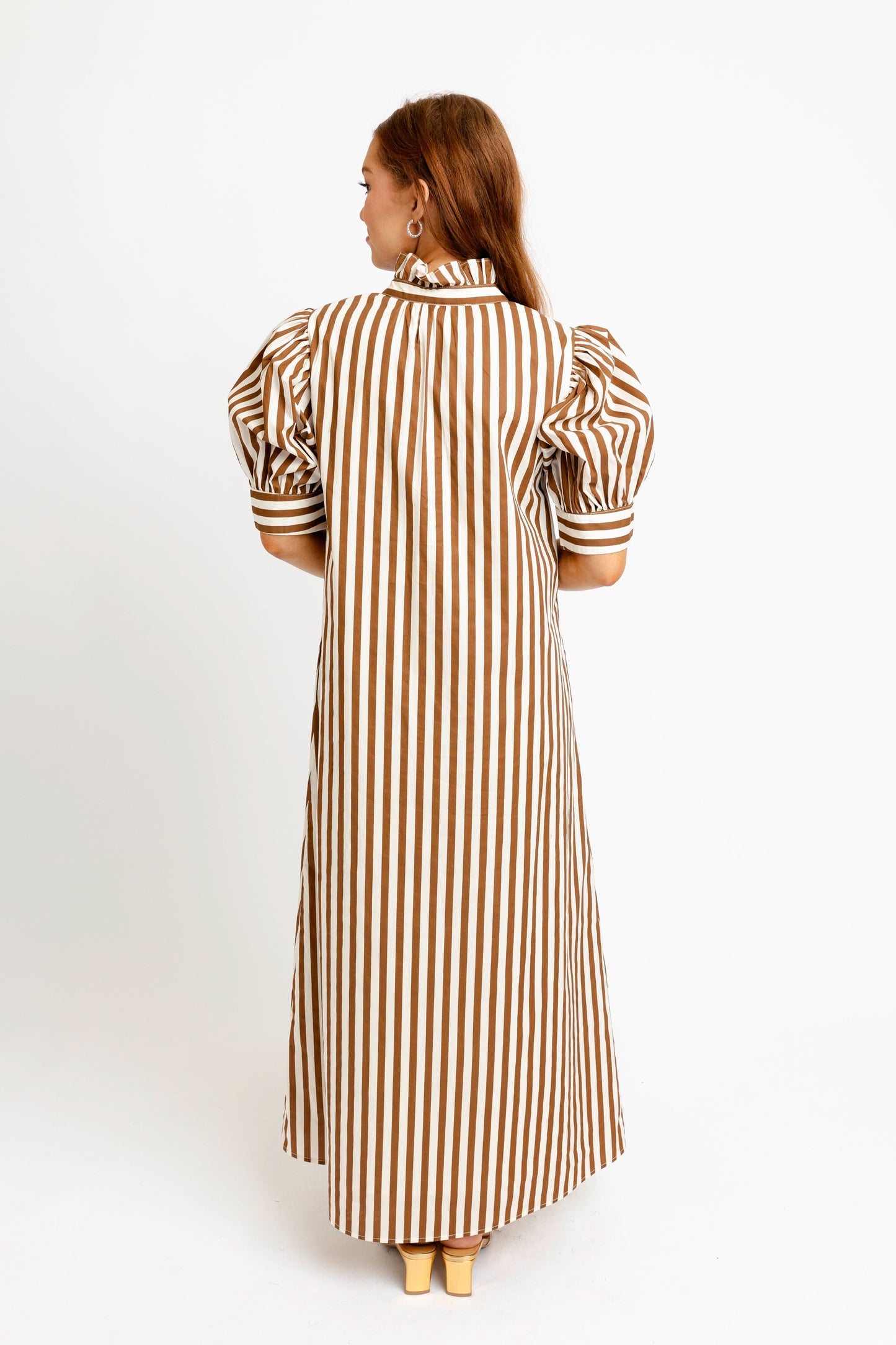 Stripe Ruffle Neck Maxi Shirt Dress