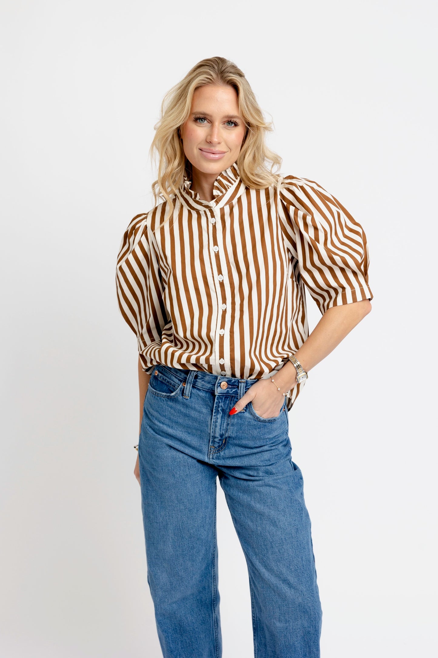 Stripe Ruffle Neck Button Up Top in Brown