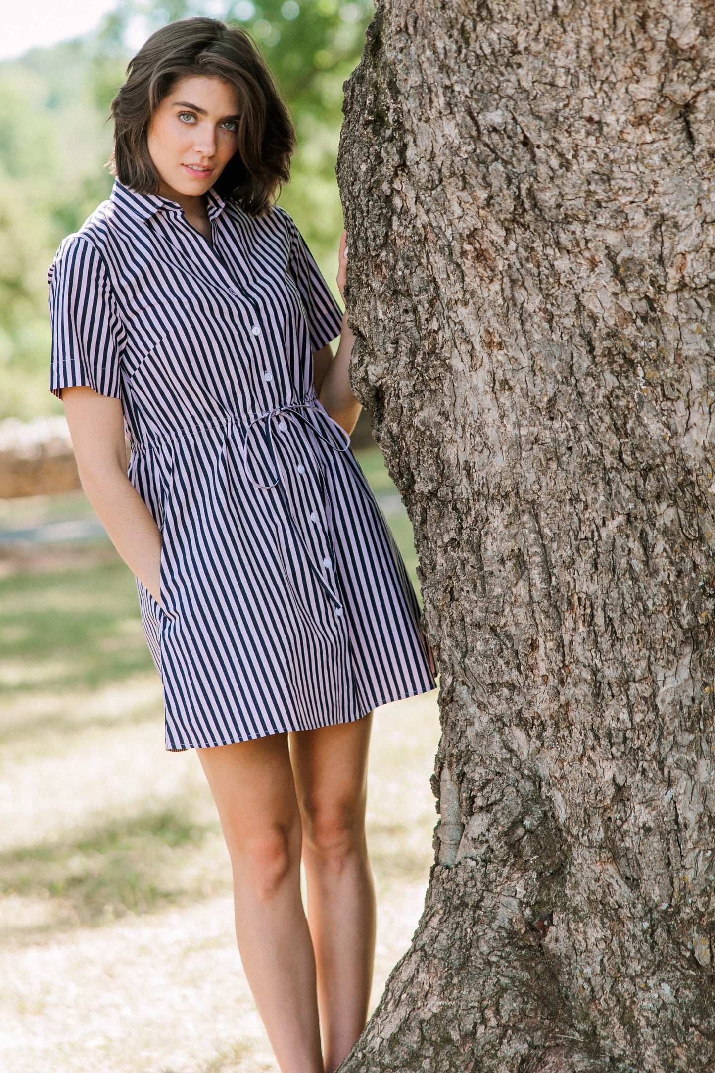 Summit Dress in Lilac Pinstripe