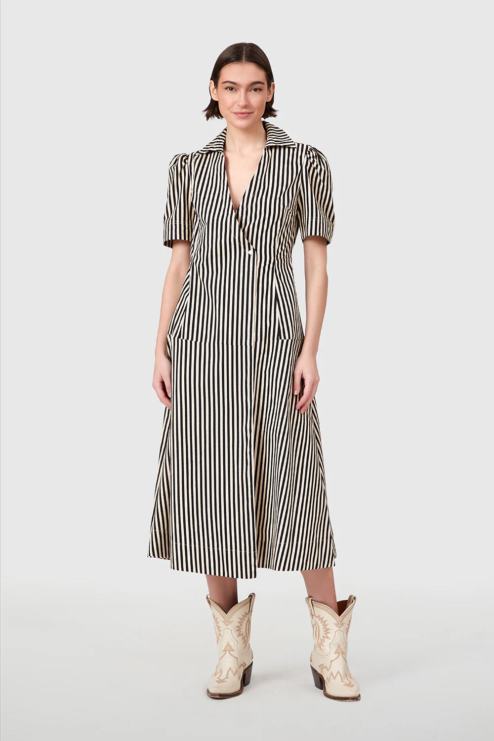 Clark Dress in Ganache Pinstripes