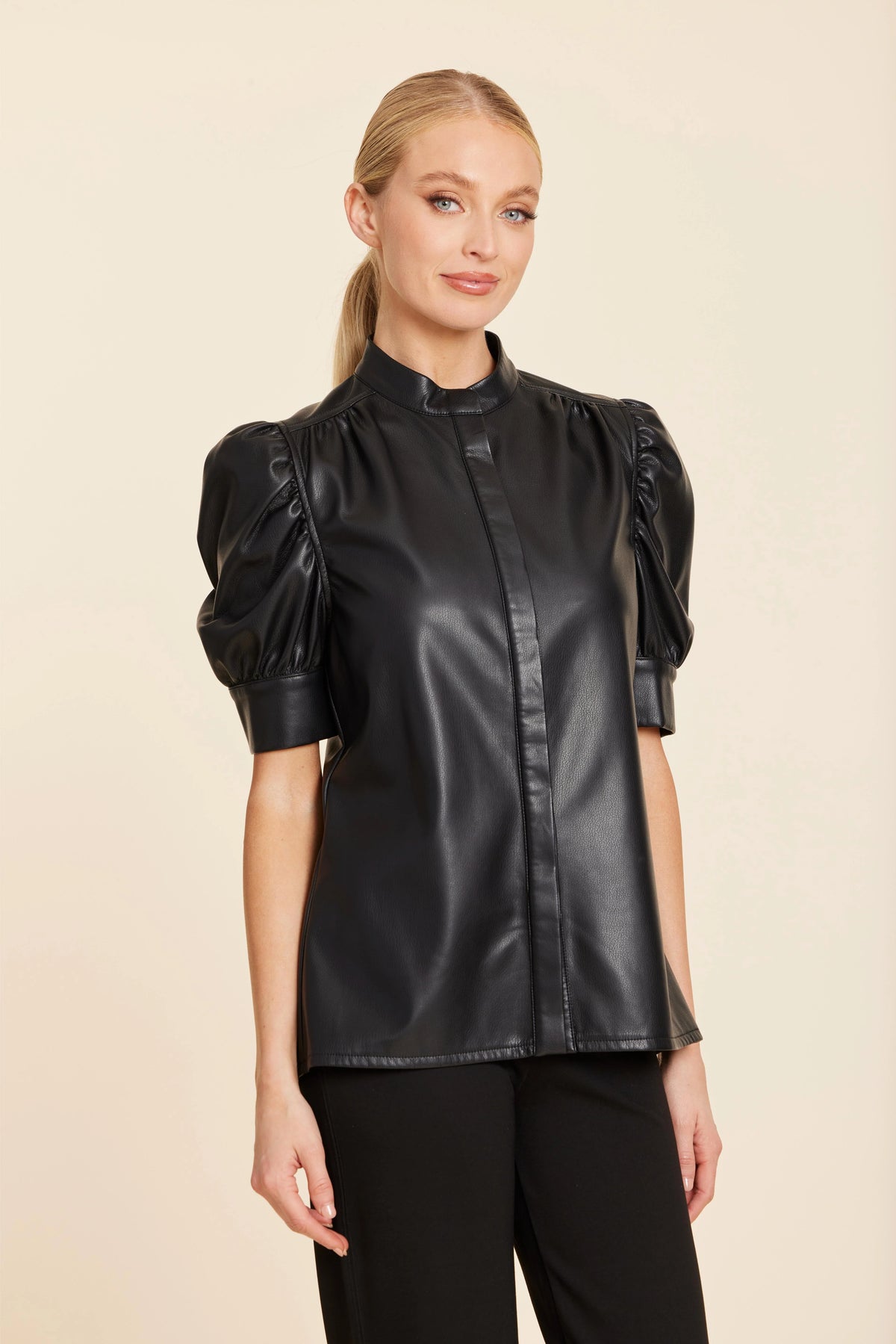 Faux Leather Placket Front Ruched Sleeve Top