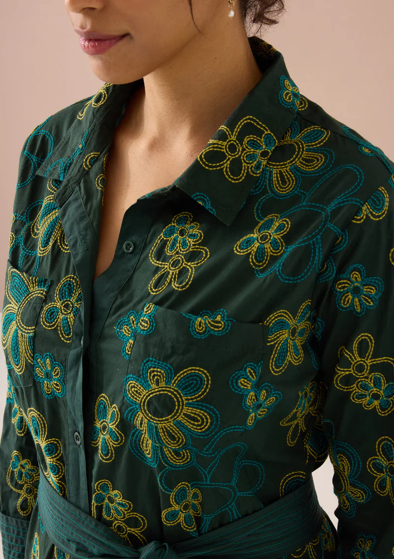 Waverly Dress in Olive Retro Floral Embroidery