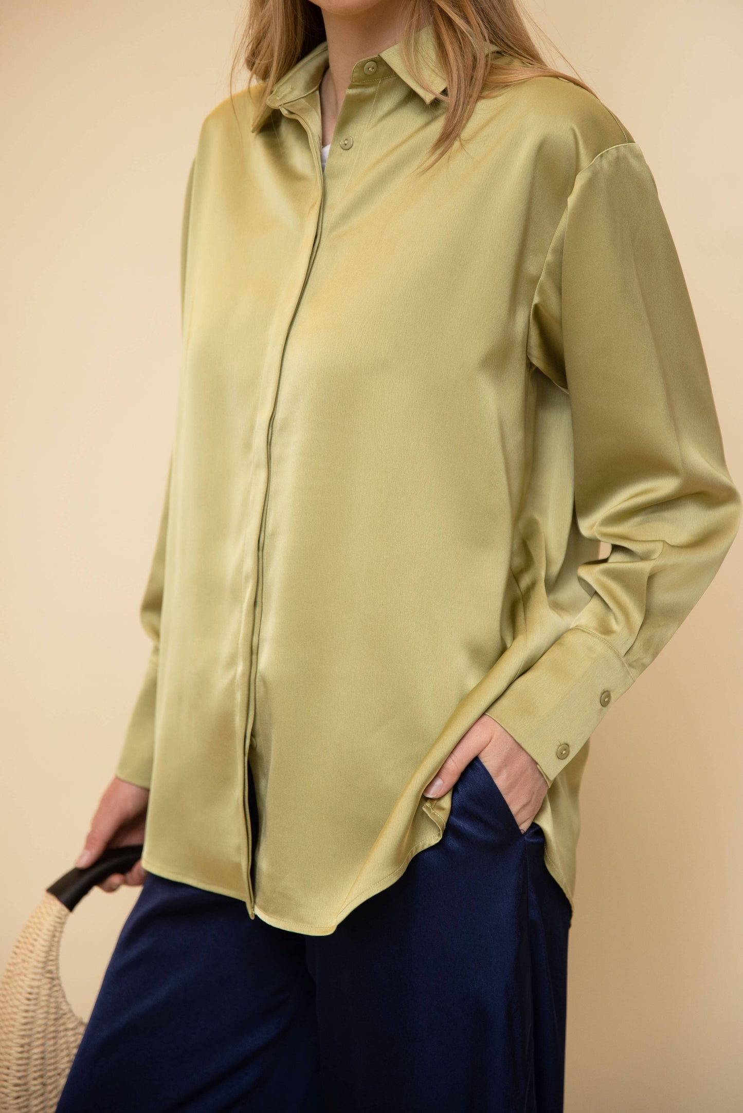 Satin Placket Cover Button Up Shirt