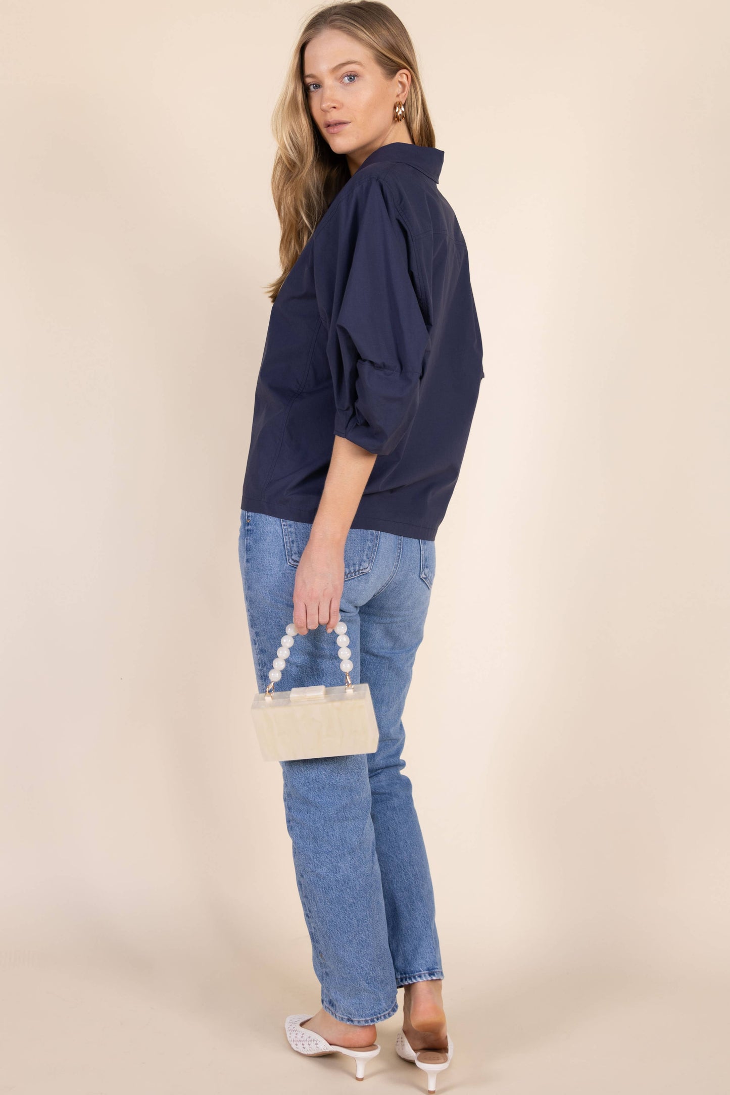 Poplin Bishop Sleeve Button Up Shirt