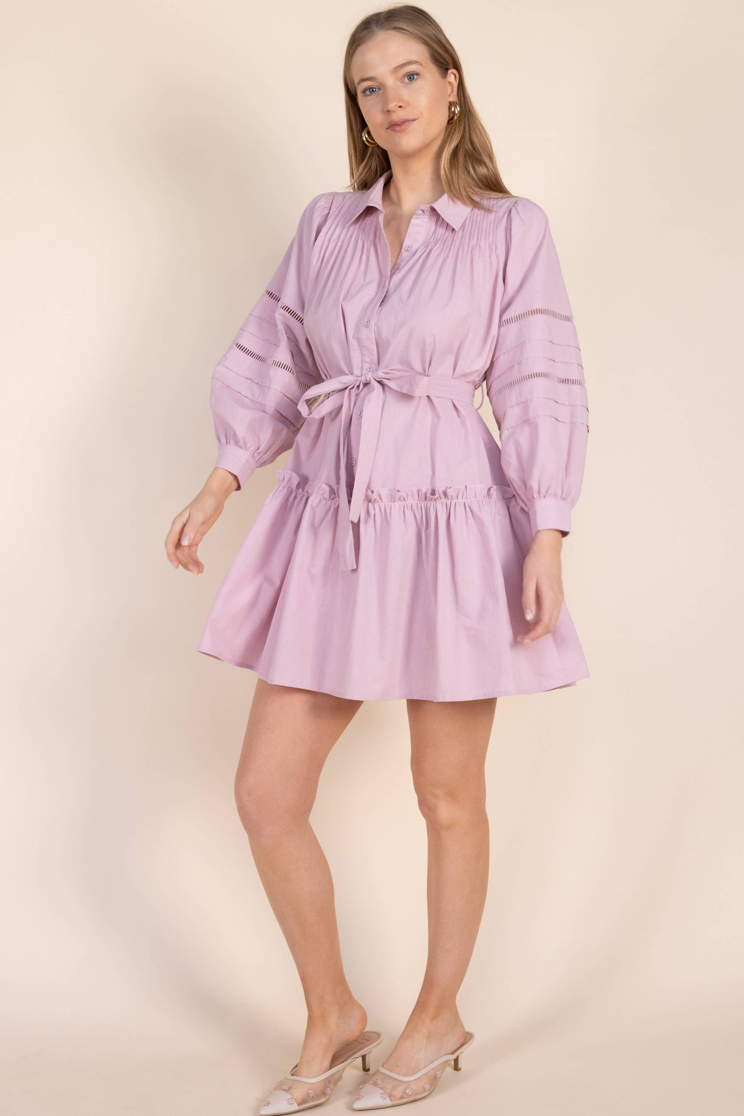 Poplin Eyelet Insert Buttonup Balloon Sleeve Dress