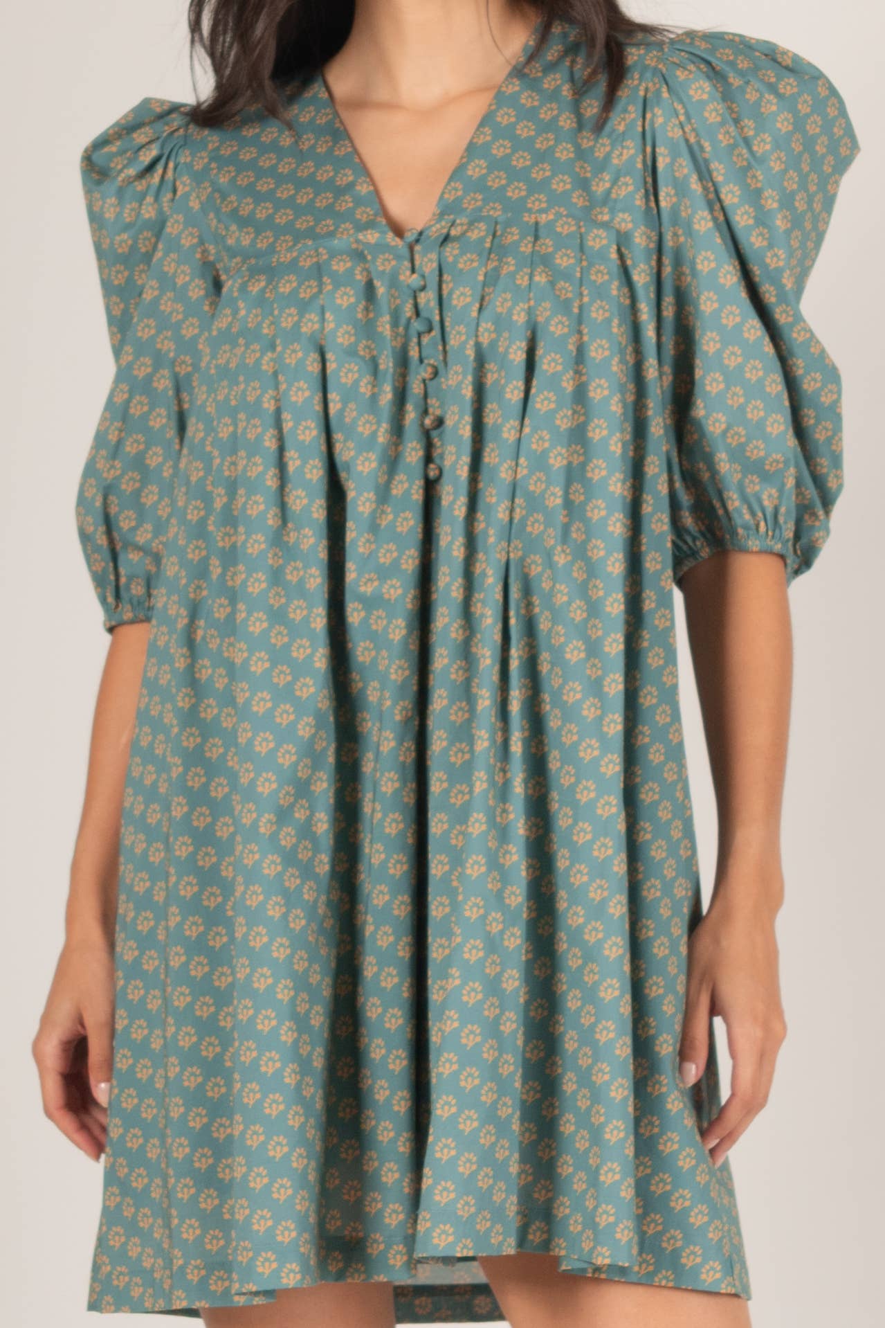 2-Tone Cotton Woven Puff Sleeve Dress